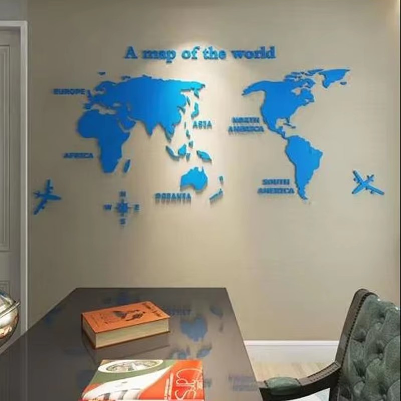 Office Furniture World - แผนที่โลกสมัยใหม่อะคริลิค 3 มิติ สติ๊กเกอร์ติดผนังตกแต่งบ้าน ห้องนั่งเล่น ห้องนอน