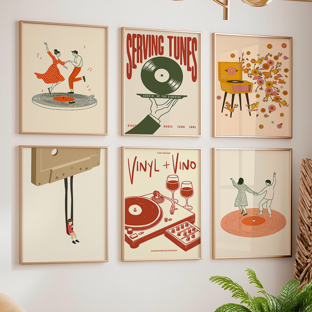 Office Furniture At Home - โปสเตอร์ผ้าใบลายดนตรีวินเทจ 1 ชิ้น ไม่มีกรอบ ลายเครื่องเล่นแผ่นเสียง คาสเซ็ต