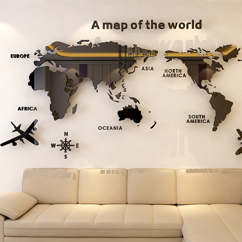 Office Furniture World - แผนที่โลกสติ๊กเกอร์ติดผนัง 3D สติกเกอร์กระจกอะคริลิคสามมิติสําหรับห้องนั่งเล่นสํานักงานทีวีพื้นหลังวอลล์เปเปอร์ตกแต่ง