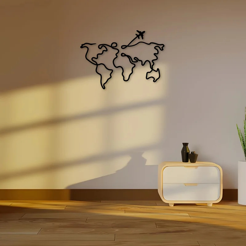 Office Furniture World - งานประติมากรรมติดผนังโลหะสไตล์อาร์ตเดโค 1 ชิ้น รูปทรงเครื่องบินบินรอบโลก ศิลปะตกแต่งผนังโลหะสมัยใหม่สำหรับห้องนั่งเล่นและสำนักงาน