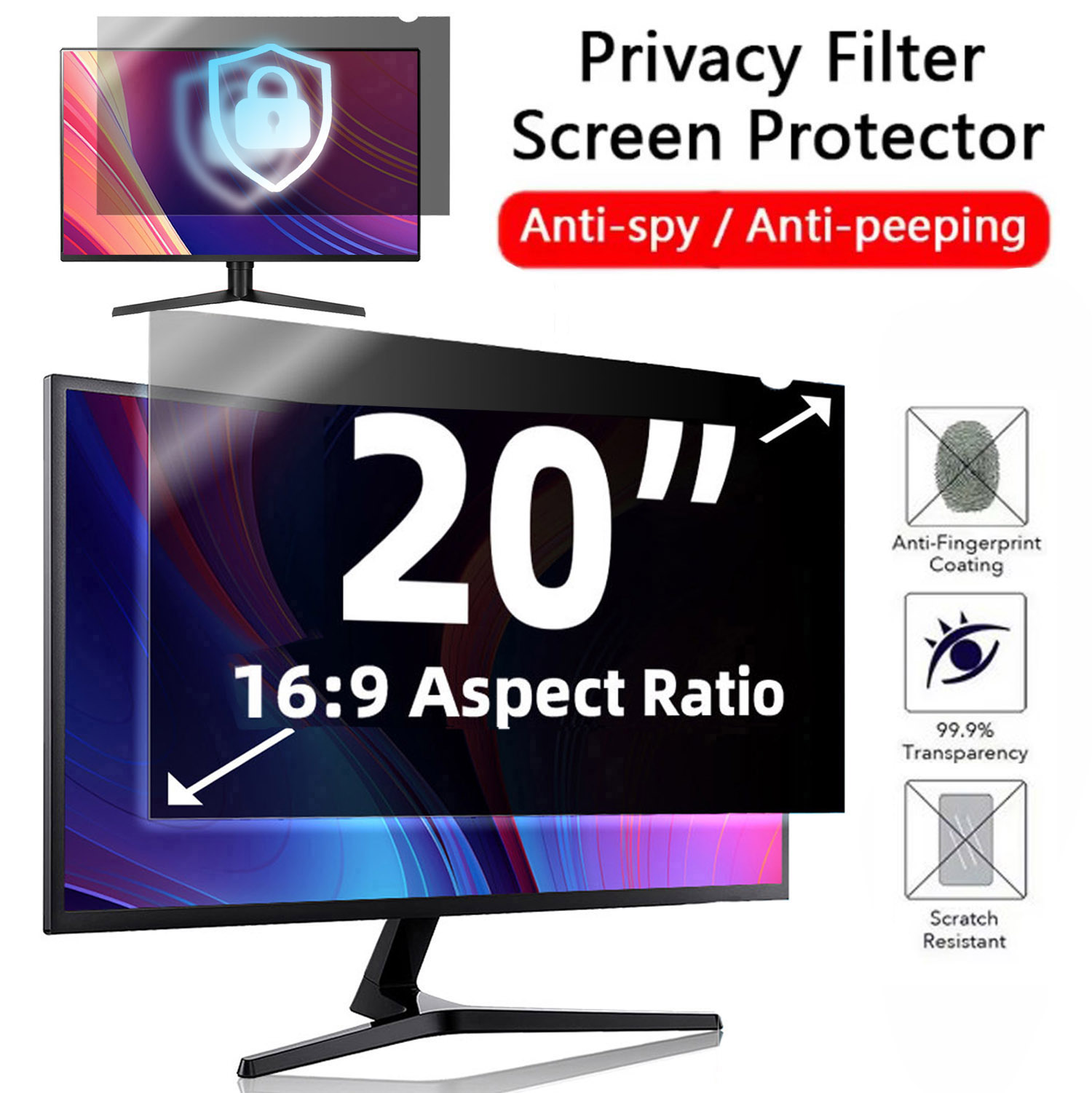 Monitor Privacy Filter - 20 นิ้วคอมพิวเตอร์หน้าจอความเป็นส่วนตัวกรอง 16:9Widescreenที่ถอดออกได้สําหรับPC 20 