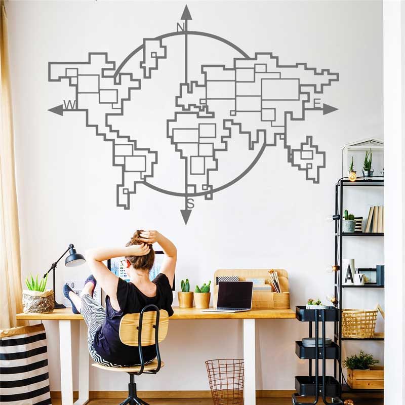 Office Furniture World - Geometric World แผนที่เข็มทิศไวนิลสติ๊กเกอร์ติดผนังห้องนั่งเล่น Office Art Walls
