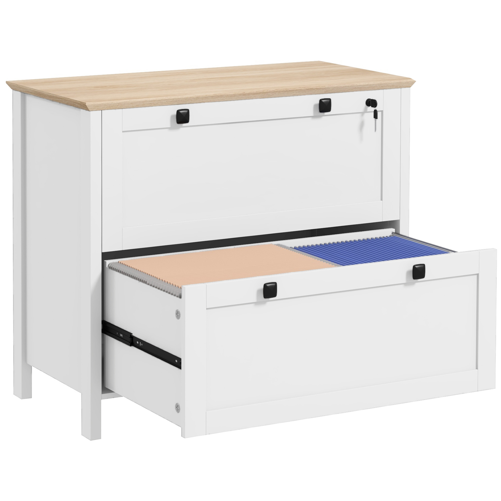 Office Furniture Filing Cabinets - ตู้เก็บเอกสาร 2 ลิ้นชักพร้อมกุญแจล็อค ตู้เก็บเอกสารแบบวางด้านข้างพร้อมกุญแจและราวแขวนปรับได้สำหรับจดหมาย ขนาด A4