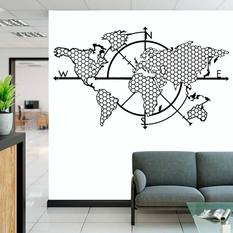 Office Furniture World - Honeycomb เรขาคณิต World แผนที่เข็มทิศไวนิลสติ๊กเกอร์ติดผนังห้องนั่งเล่น Office Art