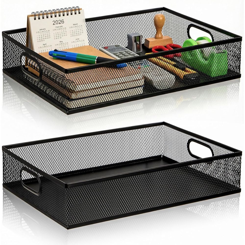 Paper Basket Mesh - ที่จัดระเบียบโต๊ะทำงานแบบตาข่ายโลหะ 2 ชั้น พร้อมหูหิ้ว สำหรับอุปกรณ์สำนักงาน ตะกร้าเก็บเอกสาร