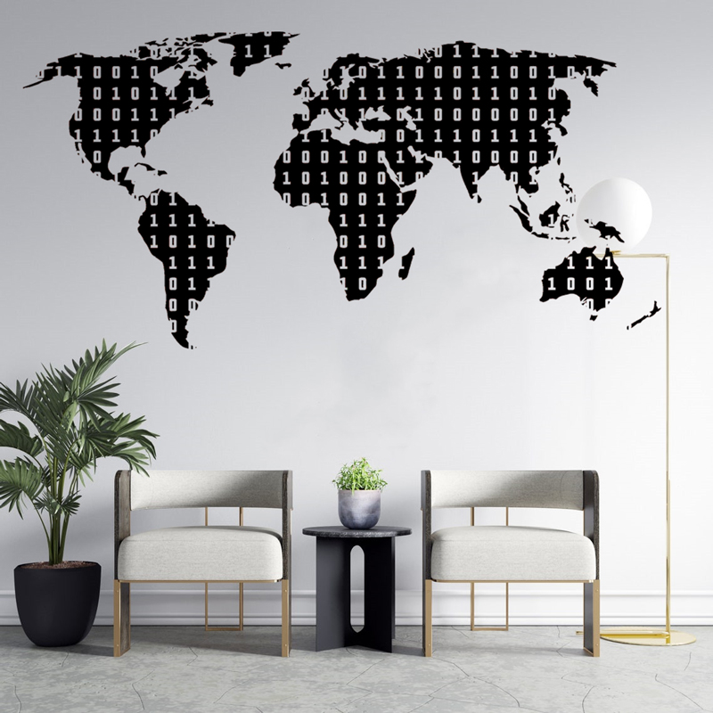 Office Furniture World - Binary Code เทคโนโลยีรูปลอก World แผนที่เทคโนโลยีสํานักงานไวนิลสติ๊กเกอร์ติดผนังตกแต่งคอมพิวเตอร์ IT