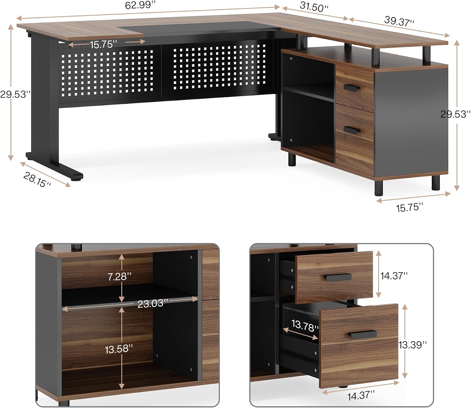 โต๊ะทำงานรูปตัว L ขนาด 63 นิ้ว - Office Furniture Filing Cabinets บทวิจารณ์และราคา