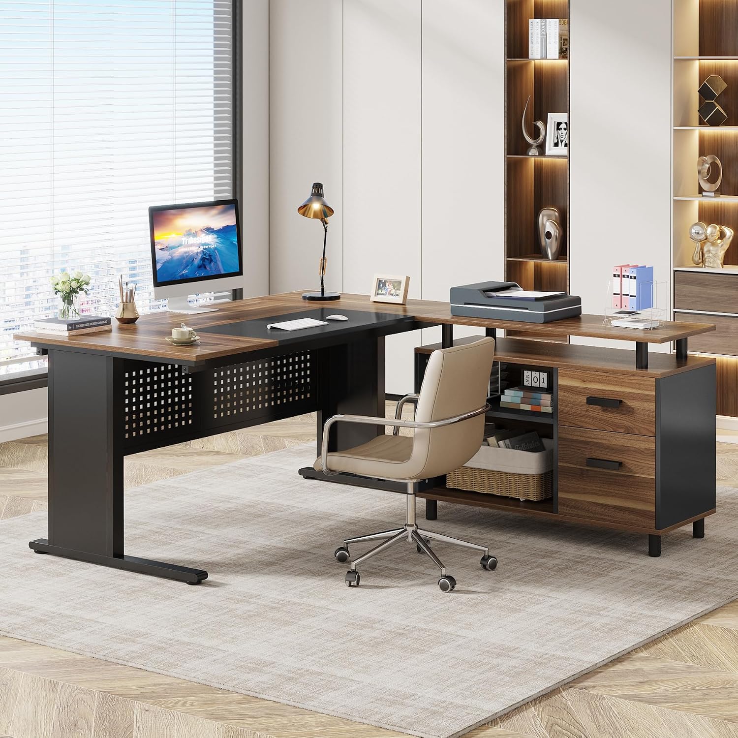 โต๊ะทำงานรูปตัว L ขนาด 63 นิ้ว - Office Furniture Filing Cabinets บทวิจารณ์และราคา